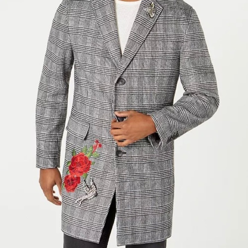INC Glen Plaid Pea Coat Black White Embellished Small Rose Embroidery - Picture 2 of 12